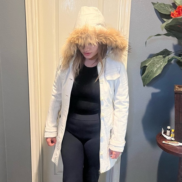 Miss Top Gun Long leather bomber jacket fur lined hooded pinup girl lined size s - Picture 5 of 12